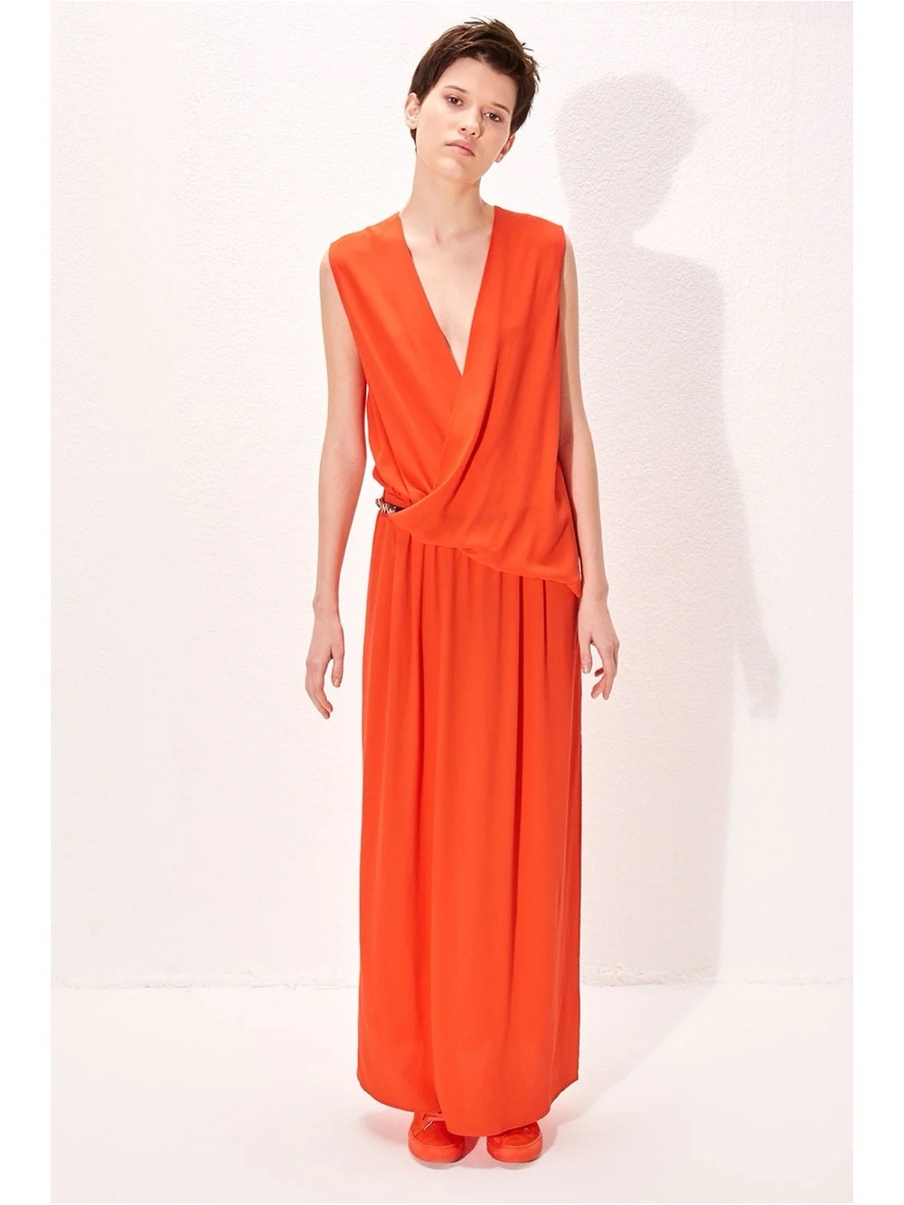 Cop Copine Pasteque Maxi Dress Size 42 / 10 Orange Plunging Neckline Front Drape